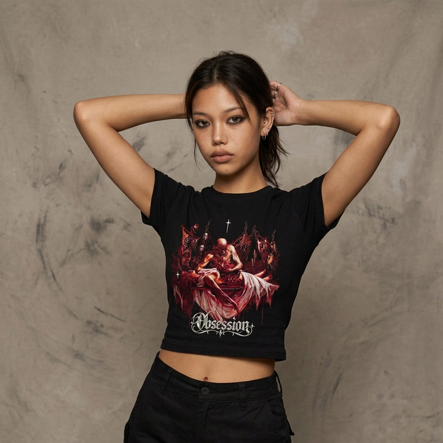Obsession fitted graphic baby tee by nonexsuch, view 1 of 7