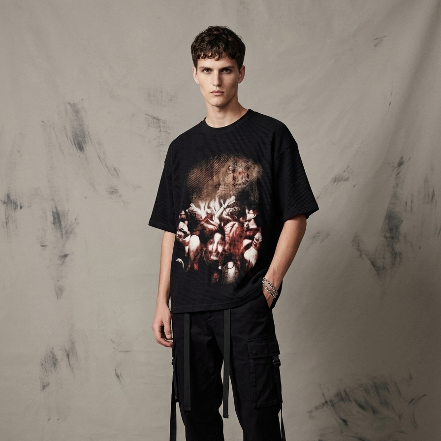 SCHIZ boxy waffle knit graphic t-shirt by nonexsuch, view 1 of 7
